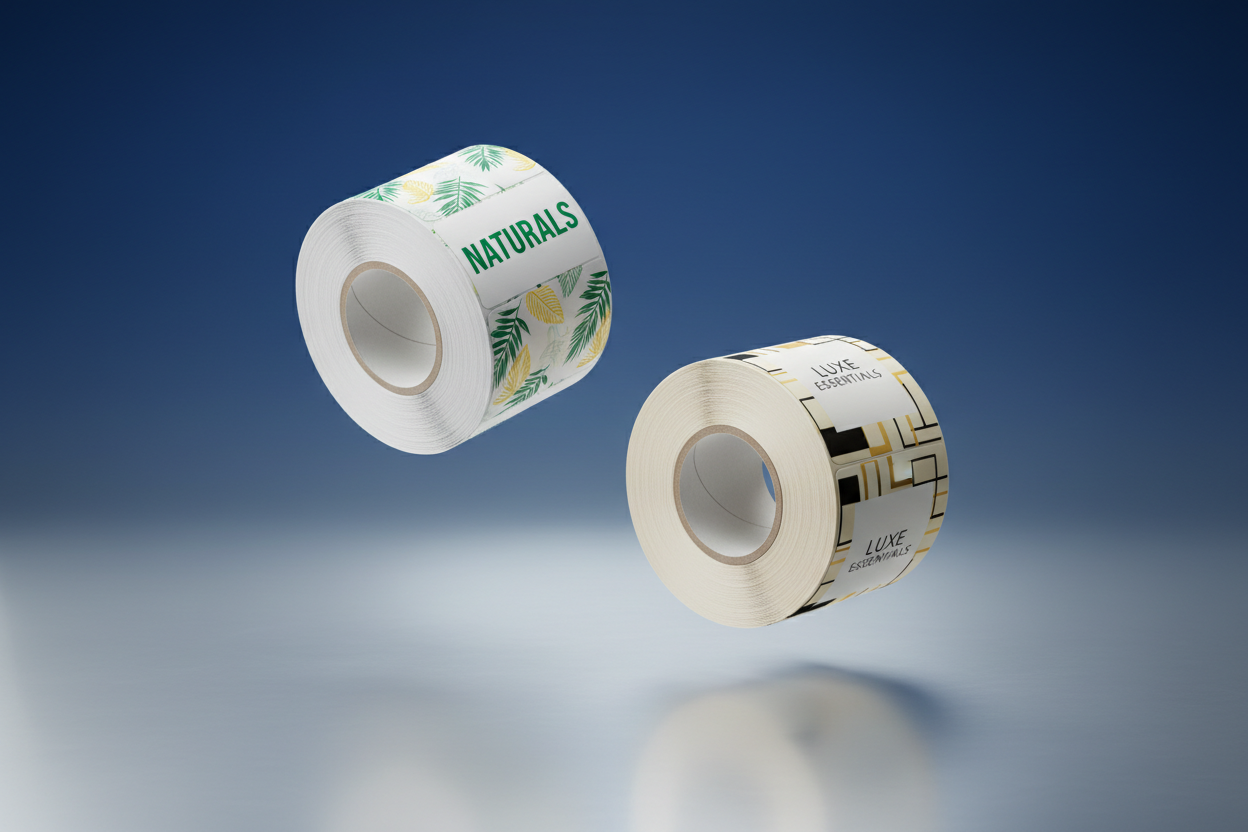 2 sets of Roll Labels floating against a Blue to Silver Gradient background